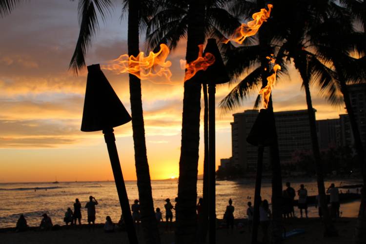 Sunset flames for a Hawaiian Luau.